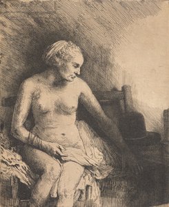 Kobieta w łaźni z kapeluszem leżącym obok niej autorstwa Rembrandt van Rijn
