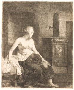 Kobieta siedzi na wpół ubrana obok pieca autorstwa Rembrandt van Rijn