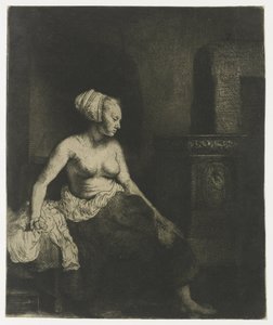 Kobieta siedzi na wpół ubrana obok pieca autorstwa Rembrandt van Rijn