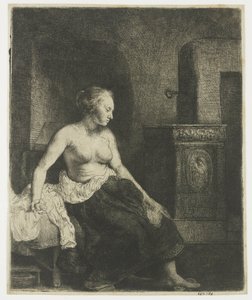 Kobieta siedzi na wpół ubrana obok pieca autorstwa Rembrandt van Rijn