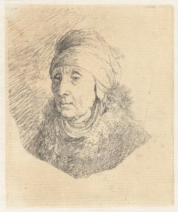 Kobieta w wysokim nakryciu głowy owiniętym wokół podbródka: popiersie autorstwa Rembrandt van Rijn