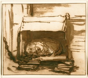 Śpiący pies stróżujący autorstwa Rembrandt van Rijn