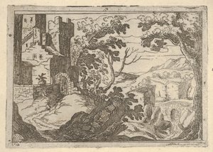 Krajobraz z zabudowaniami po lewej stronie i mostem po prawej poniżej, ca. 1620-50. autorstwa Remigio Cantagallina
