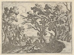 Krajobraz z rybakiem na lądzie i widzem mężczyzny pod drzewami, mężczyzna w dziobie łodzi..., ca. 1620-50.