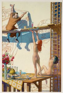 Klimt pracujący nad muralem Filozofia w holu głównym Uniwersytetu Wiedeńskiego... (akwarela) autorstwa Remigius Geyling