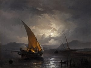 Nocny pejzaż z żaglówką na ognisku, po 1860 r. (olej na płótnie) autorstwa Remigius van Haanen