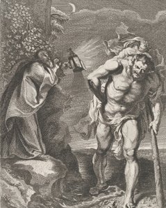 Św. Krzysztof niosący Dzieciątko Jezus przez strumień, inny mężczyzna trzymający ..., ca. 1636-80.