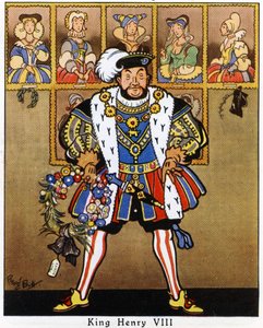 Król Henryk VIII dekorujący portrety swoich żon ostrokrzewem, jemiołą i wieńcem na Boże Narodzenie, 1936 autorstwa René Bull