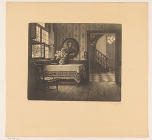 Wnętrze z portretem, stołem i widokiem na korytarz autorstwa René Janssens (signed by artist)