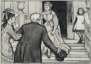 Wizyta, ilustracja z La Jeune Fille Bien Elevee autorstwa Rene Boylesve (czarno-białe kredy na papierze) autorstwa René François Xavier Prinet