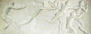 Odlewany szklany panel figuralny przedstawiający sześciu nagich sportowców płci męskiej, autorstwa Rene Jules Lalique