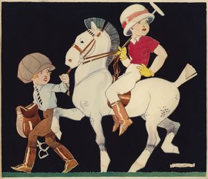 Chłopiec na kucyku polo, prowadzony przez dziewczynę stajenną (kolor litho) autorstwa Rene Vincent