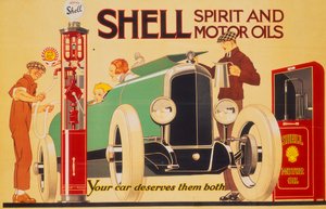 Plakat reklamujący Spirytus Shell i oleje silnikowe.