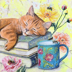 Śpiący kot wśród książek autorstwa Renee Machan Cottagecore Artist
