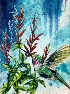 „Hover” – koliberek i kwiaty szałwii ananasowej Autor: Renee Machan autorstwa Renee Machan Cottagecore Artist