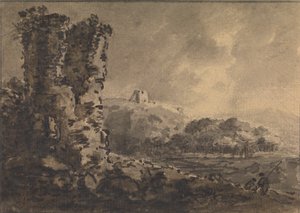 Krajobraz klasyczny z ruinami po lewej stronie i dwiema postaciami po prawej autorstwa Rev. William Gilpin