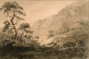 Mountainous Landscape With Ruin (pióro, tusz i tusz rozmyte na ołówku na białawym papierze kredowym przygotowanym w sepii)