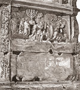 Płaskorzeźba z południowego panelu "Łupy wojenne", przedstawiająca procesję triumfalną na Łuku Tytusa, Via Sacra, Forum Romanum, Rzym, Włochy. Z włoskich obrazów ks. Samuela Manninga, opublikowanych około 1890 roku. autorstwa Reverend Samuel Manning