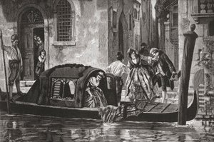 Pasażerowie wysiadający z gondoli na Wielkim Kanale w Wenecji we Włoszech pod koniec XIX wieku. Z włoskich obrazów ks. Samuela Manninga, opublikowanych około 1890 roku. autorstwa Reverend Samuel Manning