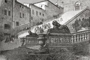 Schody prowadzące do Bazyliki Najświętszej Maryi Panny Ołtarza Niebios, Rzym, Włochy pod koniec XIX wieku. Z włoskich obrazów ks. Samuela Manninga, opublikowanych około 1890 roku. autorstwa Reverend Samuel Manning