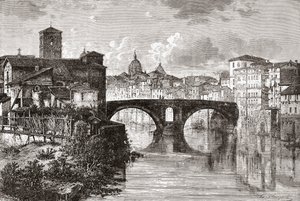 Pons Fabricius lub Ponte dei Quattro Capi i wyspa na Tybrze, Rzym, Włochy pod koniec XIX wieku. Z włoskich obrazów ks. Samuela Manninga, opublikowanych ok. 1890 r. autorstwa Reverend Samuel Manning
