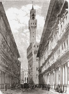 Uffizi, Palazzo Vecchio i rzeźby na Piazza della Signoria, Florencja, Włochy pod koniec XIX wieku. Z włoskich obrazów ks. Samuela Manninga, opublikowanych około 1890 roku. autorstwa Reverend Samuel Manning
