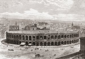 Arena w Weronie, Piazza Bra, Werona, Włochy pod koniec XIX wieku. Z włoskich obrazów ks. Samuela Manninga, opublikowanych około 1890 roku. autorstwa Reverend Samuel Manning