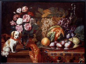 Martwa natura z karłowatym spanielem. Obraz Renauda Levieux powiedział Reynaud Le Vieux (ok. 1625-1690)