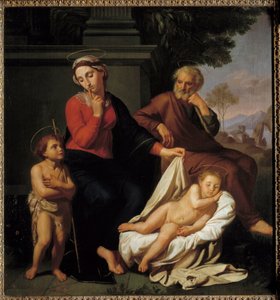 Święta Rodzina. Matka Boża przykłada palec do ust, prosząc św. Jana Chrzciciela, aby nie budził Jezusa śpiącego. Święty Józef obserwuje scenę. Obraz Reynauda Levieux (ok. 1625-1690)
