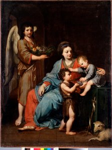 Dziewica z dzieckiem ze św. Janem Chrzcicielem Obraz Reynaud Levieux (1613-1699) XVII w. Słońce 108x76 cm Genes, Musei di Strada Nuova (ex Palazzo Bianco)