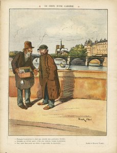 Ilustracja autorstwa Ricardo Floresa (1878-1918) w Le Rire, 06.03.09 - Wybór zawodu - Paryż, Architektura Urbanistyka, Misere, Most, Rzeka, Kościoły Katedry, Sekwana (rzeka)