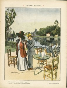 Ilustracja przedstawiająca Ricardo Floresa (1878-1918) w Le Rire, 04.07.08 - Piękne niedziele - wypoczynek, przyroda, roślinność, architektura urbanistyka, kawiarnie restauracyjne, nadmorskie wybrzeże autorstwa Ricardo Flores
