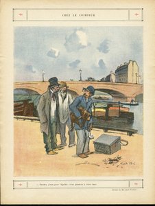 Ilustracja Ricardo Flores (1878-1918) w Le Rire, 05/10/12 - U fryzjera - Paryż, Zawody, Architektura Urbanistyka, Most, Rzeka Rzeka - Pies, Fryzjer