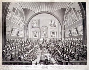 Lord Mayor, Aldermen and Common Council w Council Chamber Guildhall w Londynie, grawerowane przez Thomasa Sutherlanda (b.c.1785) opublikowane 1825 (lito) autorstwa Richard (after) Dighton