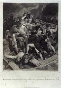 Konflikt kontradmirała Nelsona na jego barce z hiszpańską łodzią wodną, noc 3 lipca 1797, rycina A. Smith, opublikowana przez Cadell & Davies, maj 1809 (rycina)