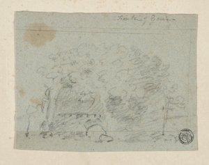 Szkic drzew w pobliżu mostu (węgiel i grafit na niebieskim papierze wykładanym, przelany na kremowy papier tkany) autorstwa Richard (attr.to) Wilson
