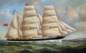 Żaglowiec "Minero" z pełnymi żaglami, zbudowany w 1866 roku w Glasgow (Szkocja). Olej na płótnie autorstwa Richarda B. Spencera ().