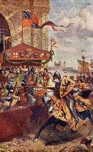 Uroczysty pojedynek na moście londyńskim pomiędzy Davidem de Lyndsays i Lordem Johnem de Wellesem w 1390 r., ilustracja z „Romance and Legend of Chivalry” autorstwa A.R. Hope Moncrieffa