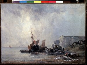 „Łodzie na wybrzeżu Normandii” (Łodzie na wybrzeżu Normandii) Obraz Richarda Parkesa Boningtona (1802-1828) 1823-1824 Wymiary 33x46 cm Sankt Petersburg, Ermitaż