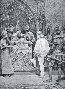 Akbar Wielki otrzymuje ambasadora królowej Elżbiety w 1599 (lito)