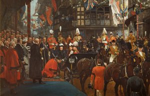 Queen Victoria Knighting Herbert Ashman, Esq., Pierwszy Lord Burmistrz Bristolu, w Council House, 12 listopada autorstwa Richard Caton II Woodville