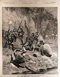 The Birmah Expedition: Fight with Dacoits, 12 stycznia, w pobliżu Shoay Green, z The Illustrated London News, 13 marca 1886 autorstwa Richard Caton II Woodville