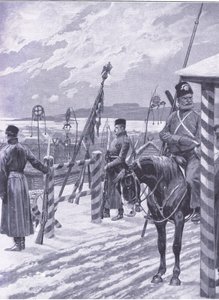 Stacja kozacka w Mandżurii ze znakami plemiennymi nad męskimi chatami, ilustracja z Cassells History of the rosyjsko-japońskiej wojny t. 1, ok. 1900 autorstwa Richard Caton Woodville