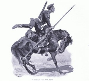 Kozak linii, ilustracja z Historii wojny rosyjsko-japońskiej Cassells t. 1, ok. 1900