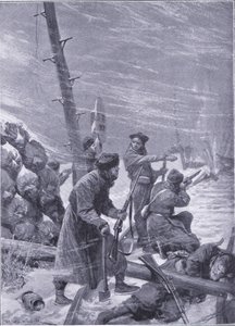 Atak na linię kolejową przez Chunchuses, ilustracja z Cassells History of the rosyjsko-japońskiej wojny t. 1, ok. 1900 autorstwa Richard Caton Woodville