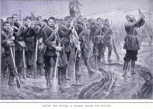 Przed bitwą: rosyjska modlitwa o sukces, ilustracja z Historii wojny rosyjsko-japońskiej Cassells t. 1, ok. 1900 autorstwa Richard Caton Woodville