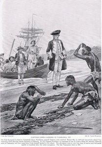Kapitan Cook lądujący na Tasmanii, 1777, ilustracja z "Hutchinson