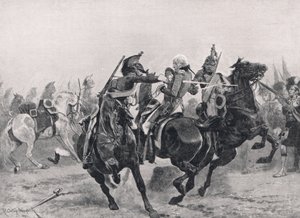 Atak na Sir Ralpha Abercrombiego przez francuskich dragonów, ilustracja z „British Battles on Land and Sea”, wydanej przez Cassell, Londyn, ok. 1910