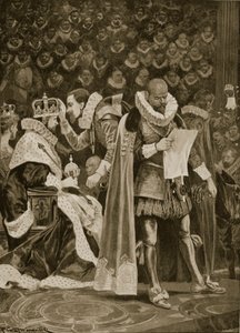 Hołd, hołd i generalne ułaskawienie podczas koronacji Jakuba I i Anny z Danii, 25 lipca 1603, z „The Illustrated London News”, 1902 autorstwa Richard Caton Woodville