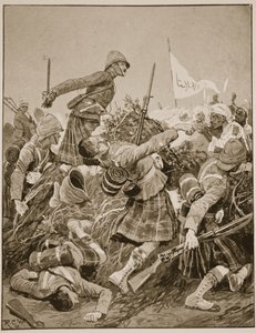 Seaforth Highlanders szturmujący Zerebę w bitwie pod Atbarą, ilustracja z „Bitwy XIX wieku”, tom. V: Kampanie lat dziewięćdziesiątych — A. Hilliard Atteridge autorstwa Richard Caton Woodville